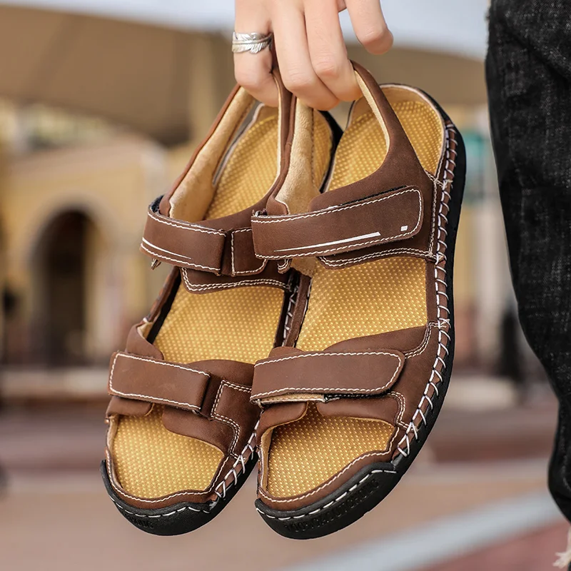 Summer Men's Gladiator Hiking Sandals Rome Outdoor Classic Leather Platform Fashion Non-slip Hiking Beach Shoes Size 38-48