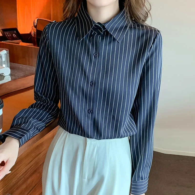 Новая женская рубашка с длинным рукавом в полоску отложным воротником шифоновая