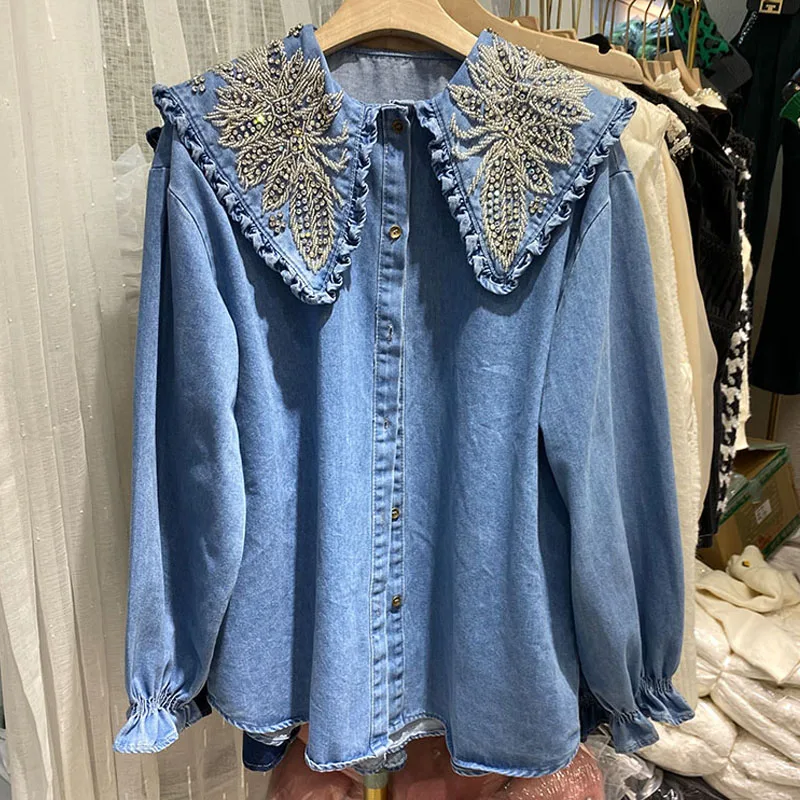 Sweet Ladies Ruffles Collar Shiny Diamonds Shirt Women Casual Denim Blouses Tops 2022 Spring Autumn Loose Fit Crystal Shirts Top