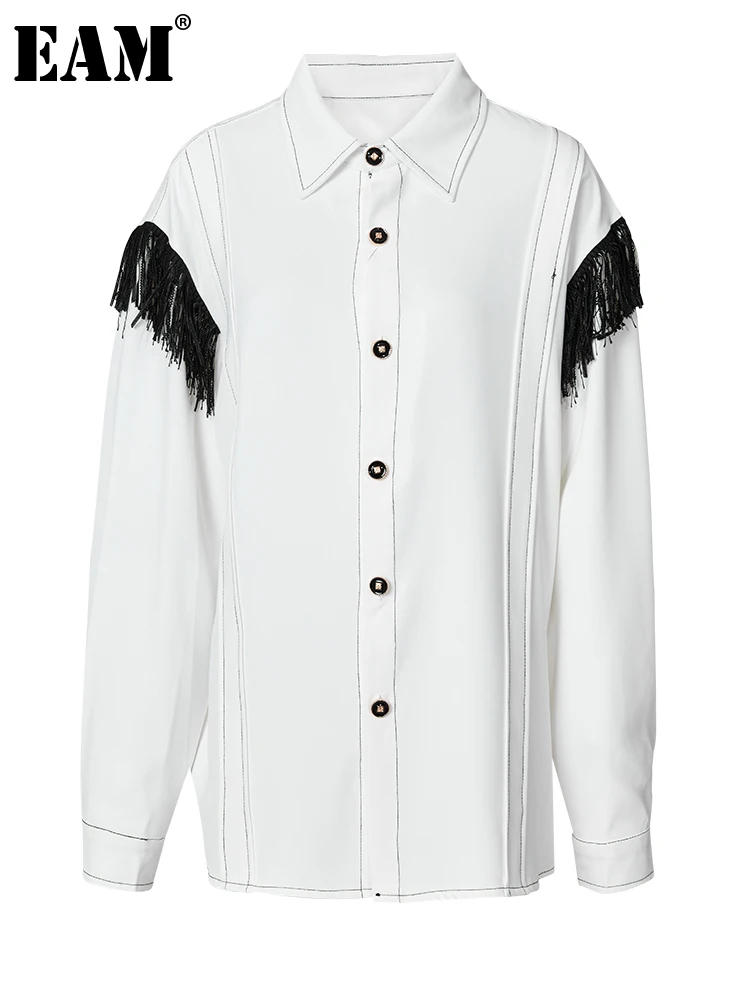 

[EAM] Women White Tassels Big Size Casual Blouse New Lapel Long Sleeve Loose Fit Shirt Fashion Tide Spring Autumn 2023 1DF7405