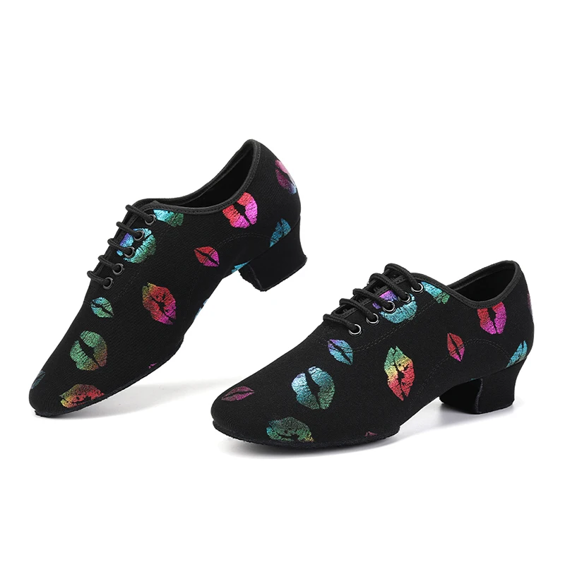 Ballroom Dancing Shoes for Women Colorful Lips Pattern Soft Suede Sole Women's Latin Dance Shoes 5CM 3.5CM Split Heel
