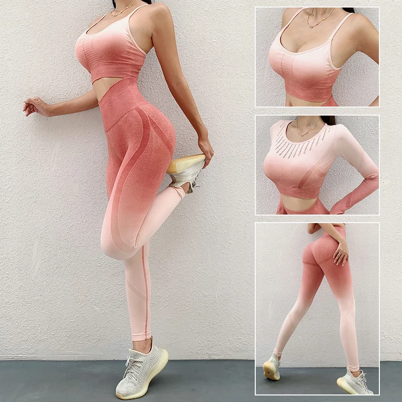 

Yoga Suit Women's Sport High Waist Leggings Long Sleeve Top Sports Bra Ombre Running Fitness Clothing Seamless Workout Tracksuit