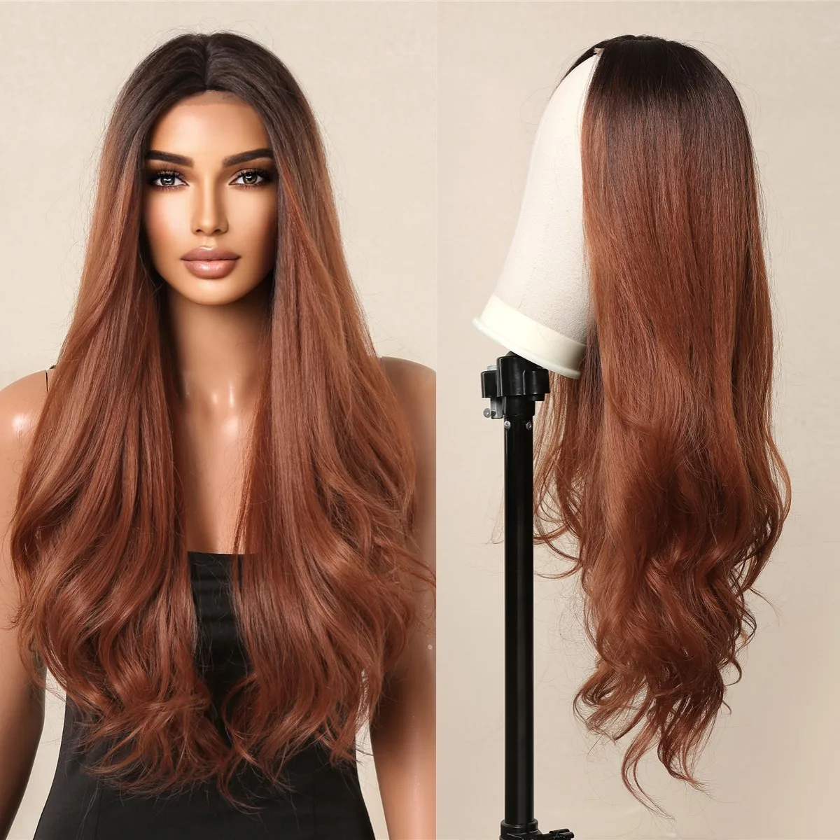 

Ombre Red Brown Hairline Lace Synthetic Long Wigs Natural Wavy Middle Part Hairs Lace Wig for Women Daily Cosplay Heat Resistant
