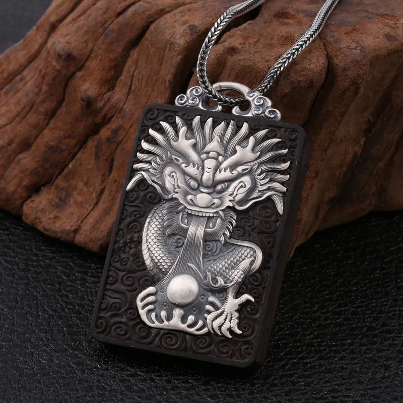 

Vintage 990 Sterling Silver Sandalwood Men's Auspicious Cloud Square Pendant Carved Dragon Punk Rock Lucky Jewelry Gifts