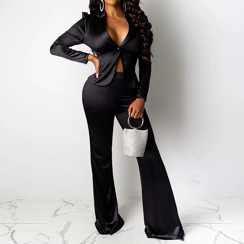 

Satin Silk Sexy Two Piece Set Women Deep V-Neck Crop Top +pants 2 Piece Set Bodycon Bandage Suits Casual OL Wear