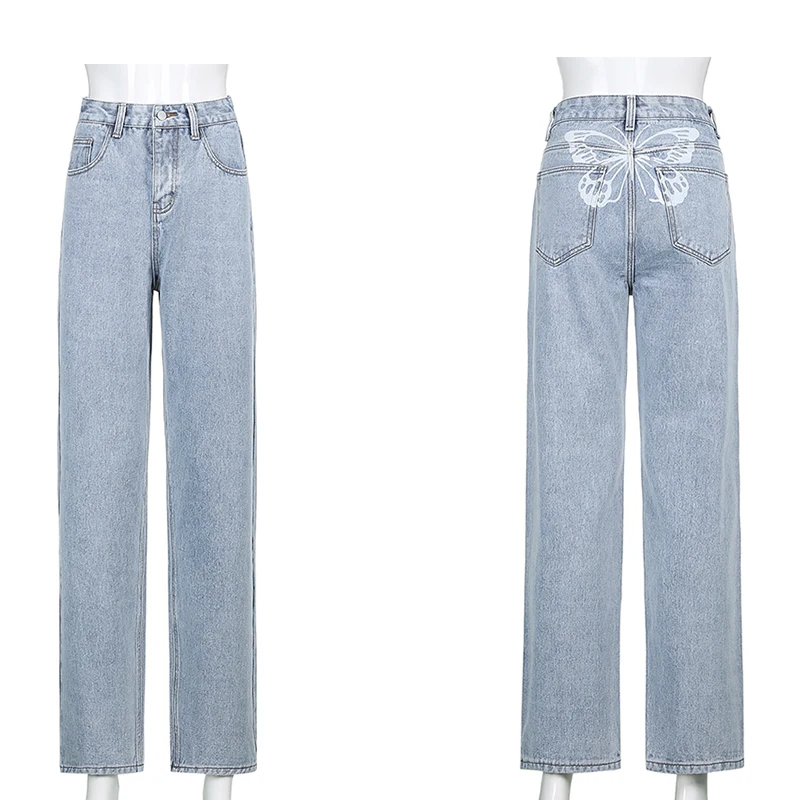 

Women Y2k Harajuku Casual High Waist Mom Denim 90s Indie Oversize Fashion Baggy Straight Jeans Streetwear Hip Butterfly Print