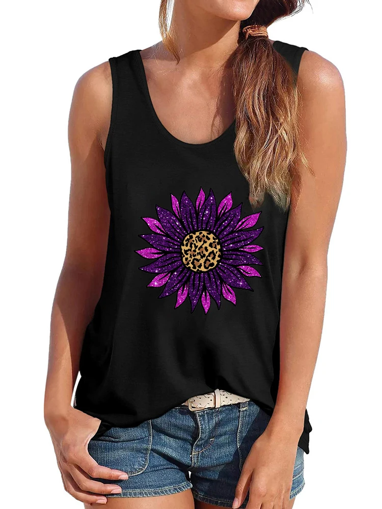 

Purple Sun Flower Print Women Tank Tops Crew Neck Summer New Tanks Sleeveless Casual 90's Girls Tee Shirt Femme Ropa Mujer