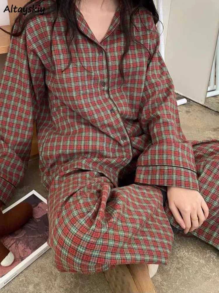 

Red Plaid Pajama Sets Women Vintage Loose Panelled Fashion Chic Casual Loose Sleepwear Spring Korean Style College Girls Popular