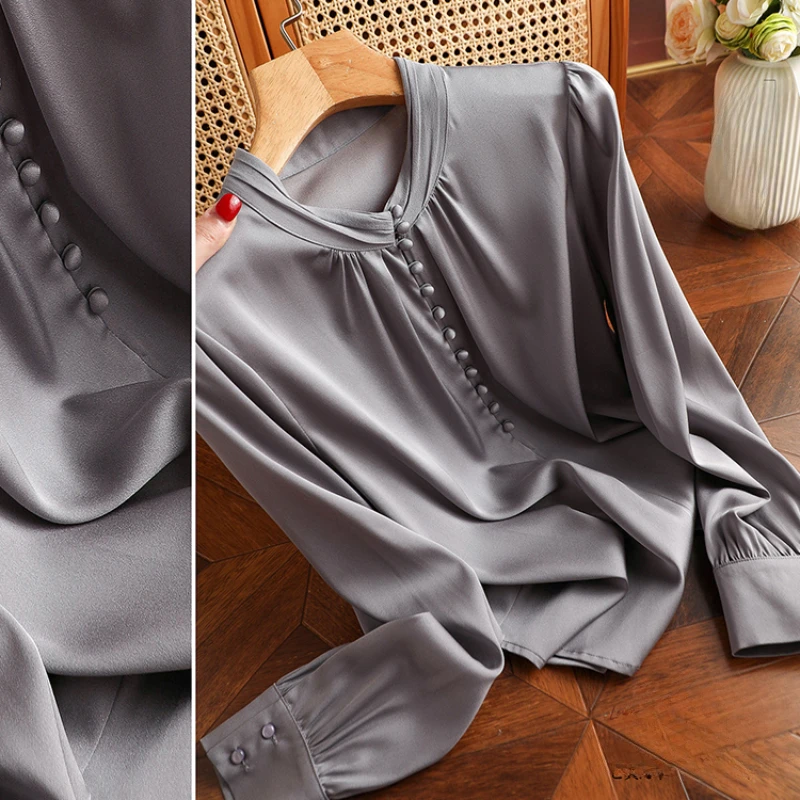 

Satin Women's Shirts Summer 2023 New Silk Solid Casual Blouses Loose Long Sleeves Ladies Clothing O-neck Tops YCMYUNYAN