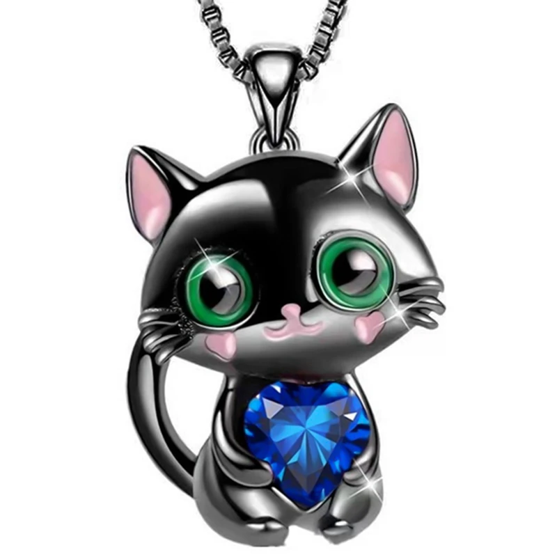 

Lovely Cat Holding Heart Blue Zircon Pendant Necklaces For Women Fashion Jewelry Banquet Party Necklace Gift