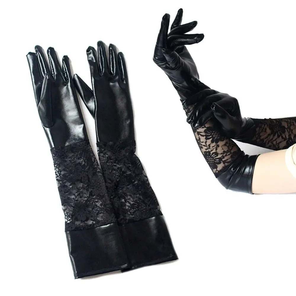 

Кожаные кружевные лоскутные длинные перчатки, сексуальные черные женские рукавицы, готические танцевальные варежки для выступления, банкета, Хэллоуина