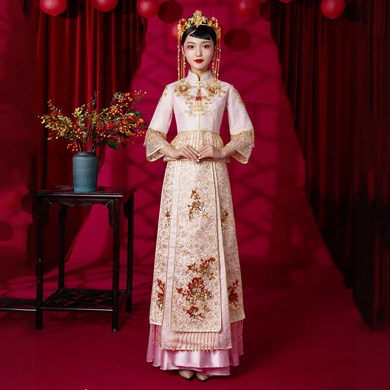 Pink Exquisite Sequins Beaded Embroidery Applique Wedding Dress Elegant Mandarin Collar Chinese Women Men Marriage Cheongsam