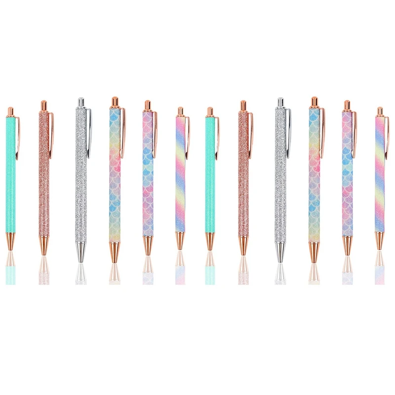

12 шт. блестящие шариковые ручки, шариковая ручка цвета розового золота, металлическая блестящая ручка, выдвижные черные чернила, средняя точка ручки