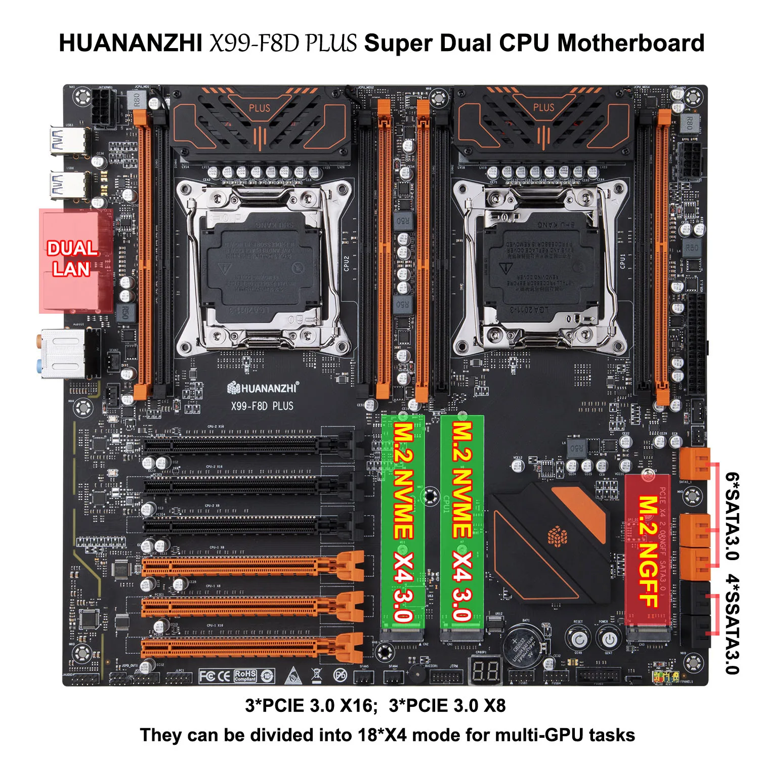 Cena New Arrival HUANANZHI X99-F8D PLUS Super Podwójny Procesor LGA2011-3 Płyty Głównej 3 * M.2 SSD Sloty 6 * SATA3.0 3 * PCIE3.0 X16 X8 Max RAM 512G