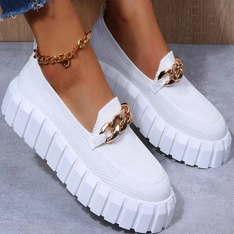 

2022 New Fashion Casual Women's Shoes Women's Metal Chain Loafers Fashion Sneakers Flat Shoes Women's Platform Plus Size