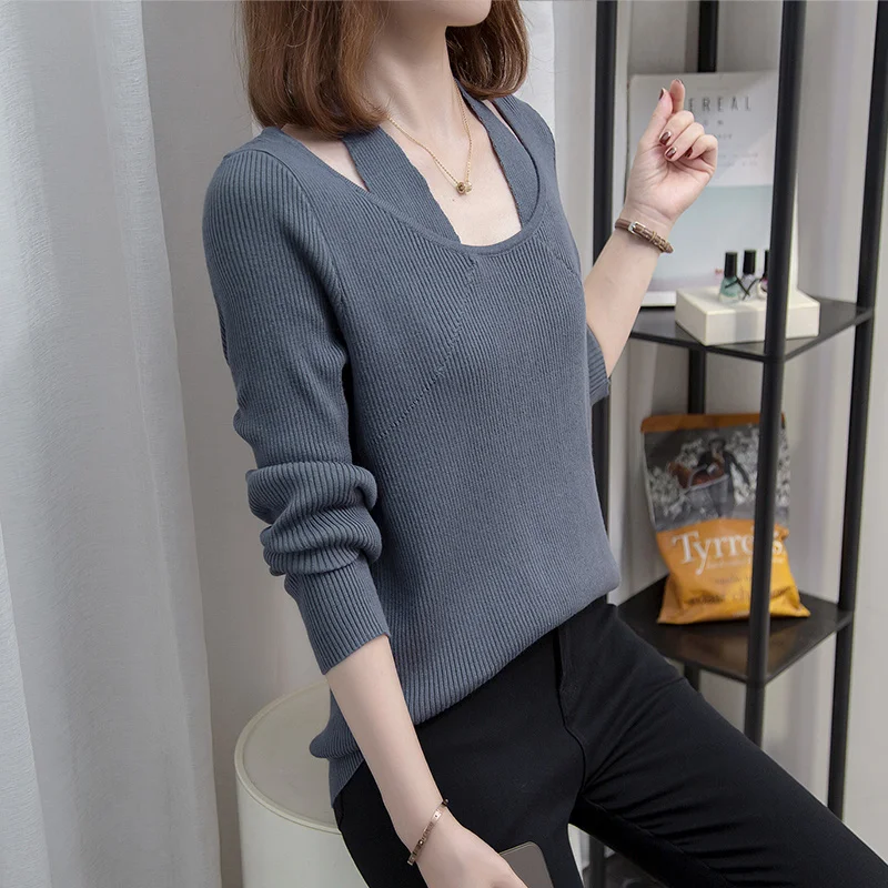

L-4XL Oversize Sweaters 2022 Autumn Winter New Large Knitted Bottomed Top Long Sleeve Halter Knitwear Female Black Gray Jumpers