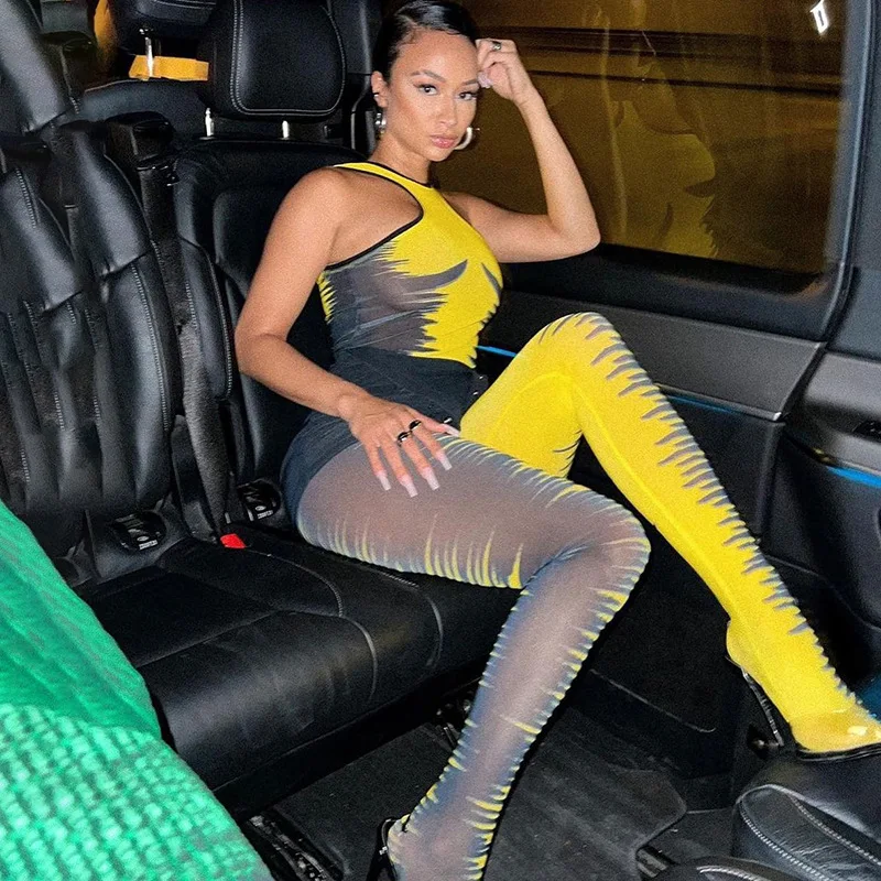 

Wishyear 2022 Autumn Fashion Print Mesh One Piece Jumpsuit for Women Sexy Clothes See Through Nightclub Jumpsuits Dropshipping