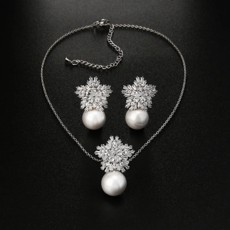 

Snowflake Christmas Necklace Earrings Set White Gold Color Ladies Jewelry New Luxury Wedding Shell Pearl Material Free Shipping