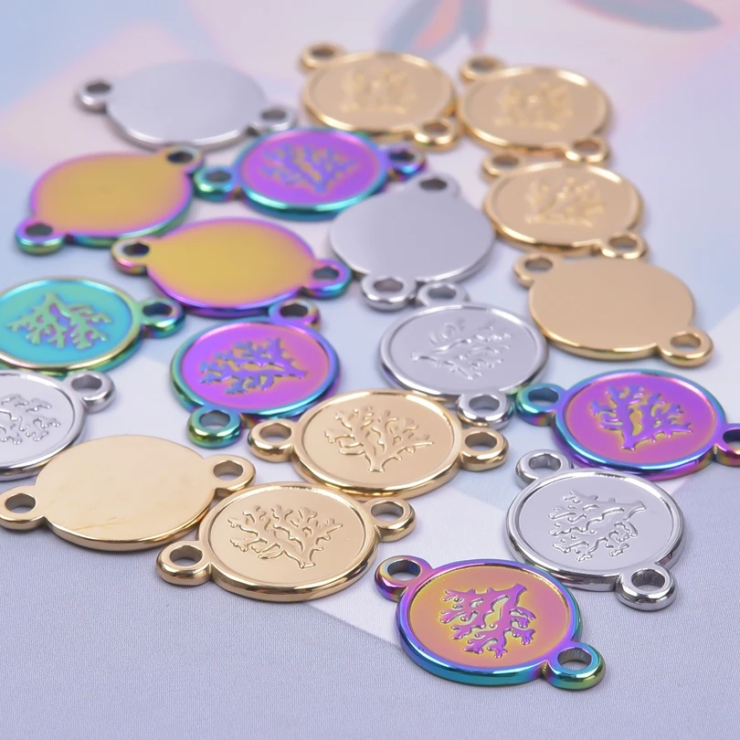 3pcs/Lot Stainless Steel Charms For Earrings Making Supplies Metal Jewelry Tree Shape Round Pendant Necklace Jewelry Accessories