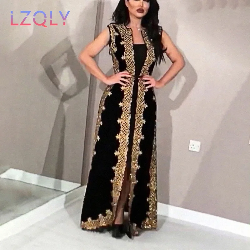 

2022 New Fashion Women's Sleeveless Lace Two Piece Sexy Evening Dress Sexy Gilded Shawl Prom Dress Black Party Dress