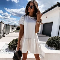 2022 new temperament commuter mid waist solid color pullover loose round neck ruffled swing dress womens summer dress