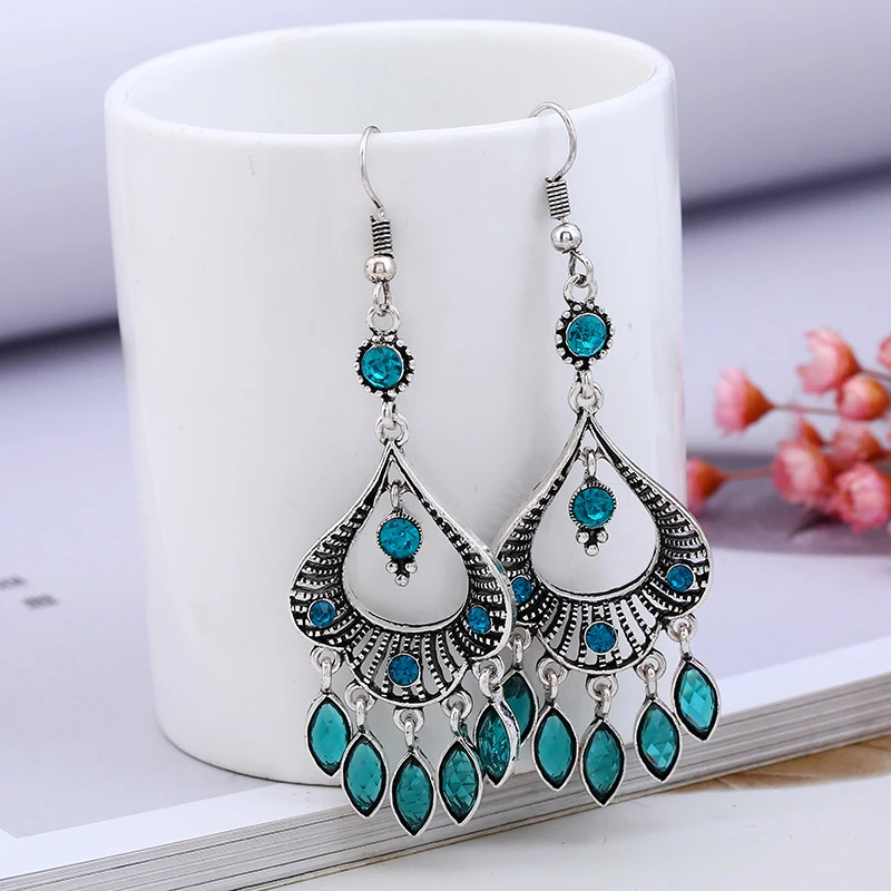 

Bohemian Ethnic Blue Crystal Water Drop Hanging Earrings for Women Vintage Long Hollow Geometric Dangle Earrings Party Jewelry