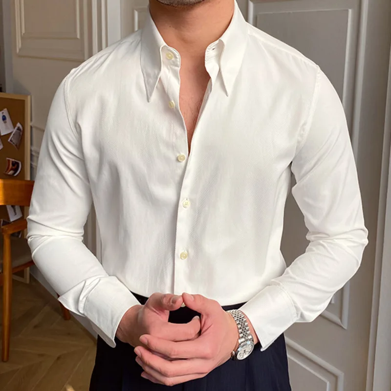 Camisa de negocios británica para hombres, Camisa blanca Lisa ajustada con cuello cubano, diseño de primavera