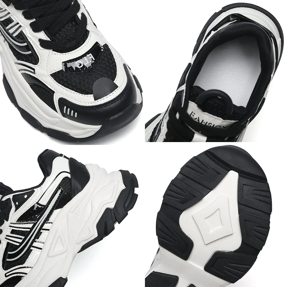 SOMILISS Women Platform Chunky Sneakers Genuine Leather Mesh Pachwork Breathable Fashion Lady Lace-Up Summer Spring Causal Shoes