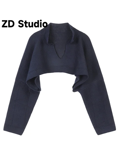 

[ZD Studio] Apricot Brief Size Short Knitting Sweater Loose Fit V-Neck Long Sleeve Women Pullovers New Spring 2023