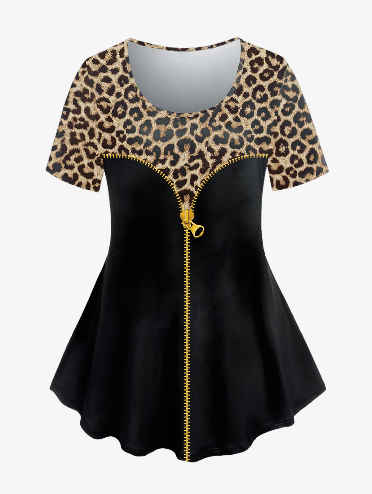 

ROSEGAL Zipper Leopard Print T-shirt Women Casual Top 5XL Summer Scoop Neck Short Sleeve Animal Print Tees For Ladies New Clothe