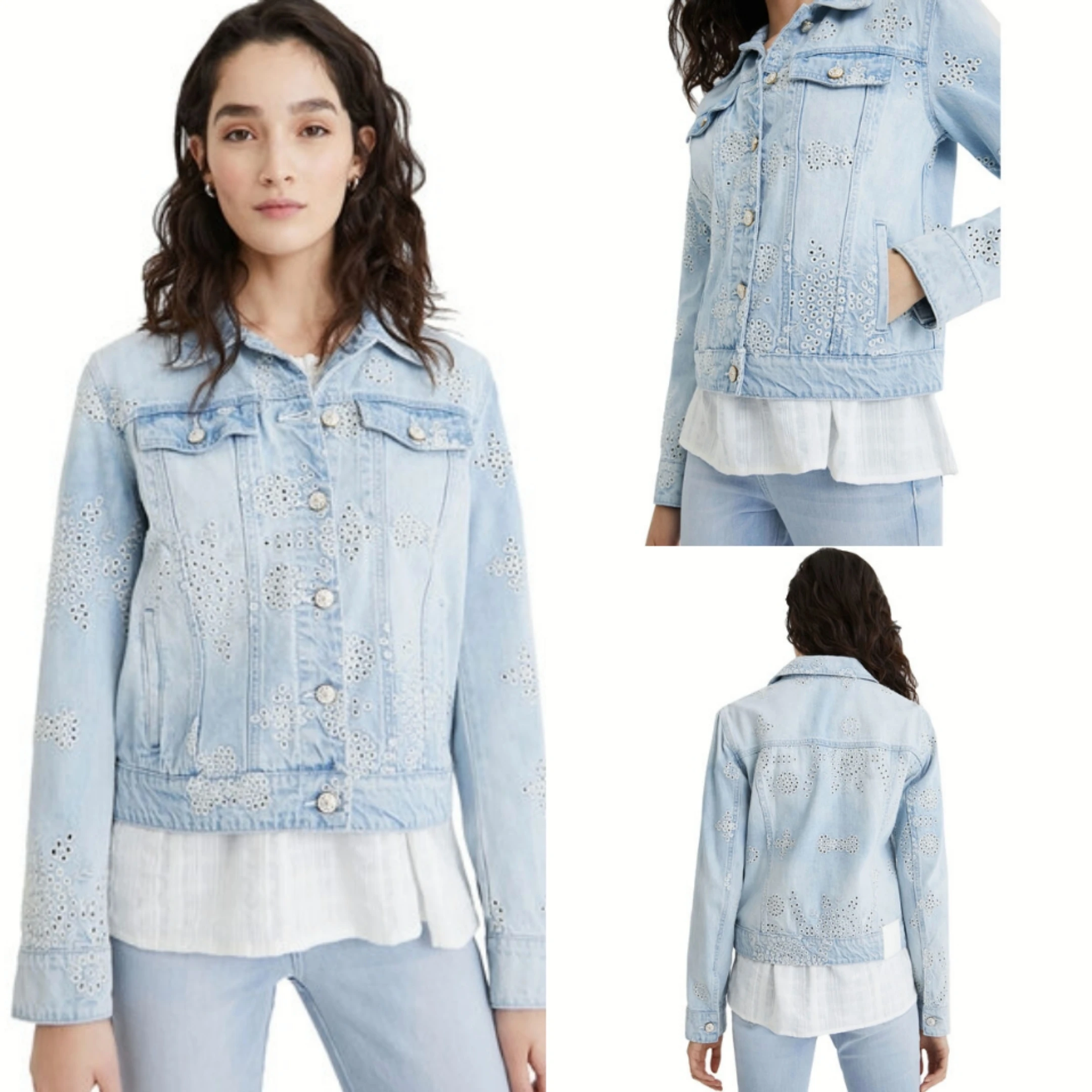 

Foreign trade Spanish desigual ladies spring and summer super heavy industry hollow embroidery sand-washed denim short jacket