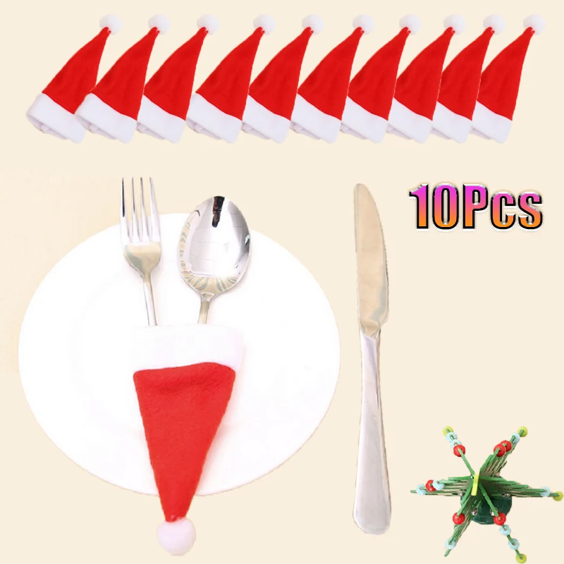 

10Pcs Christmas Fork Knife Cutlery Holder Bag Pocket Red Santa Hat Spoon Tableware Storage Bag Xmas Dinner Table Decor Supplie