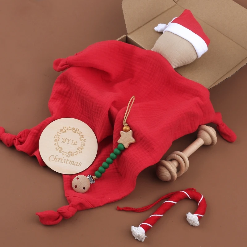 

5Pcs/Set Santa Claus Soothe Appease Towel Baby Sleeping Doll Food Grade Silicone Pacifier Clips Chain Christmas Gift Box