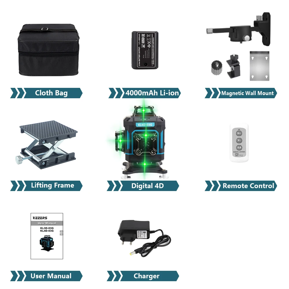 

Лазерный уровень KEZERS, 16 линий, 4D дисплей, зеленое лазерное устройство, самовыравнивание, 360 дюйма, 1 шт., 4000 мАч, литий-ионный аккумулятор, пульт дистанционного управления, тканевая сумка