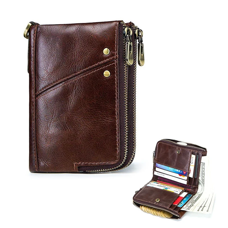 Leather Men's Wallet Anti-theft Brush RFID Multifunctional Double Zipper Vertical Wallets Casual Credit Card Holders Coin Purses