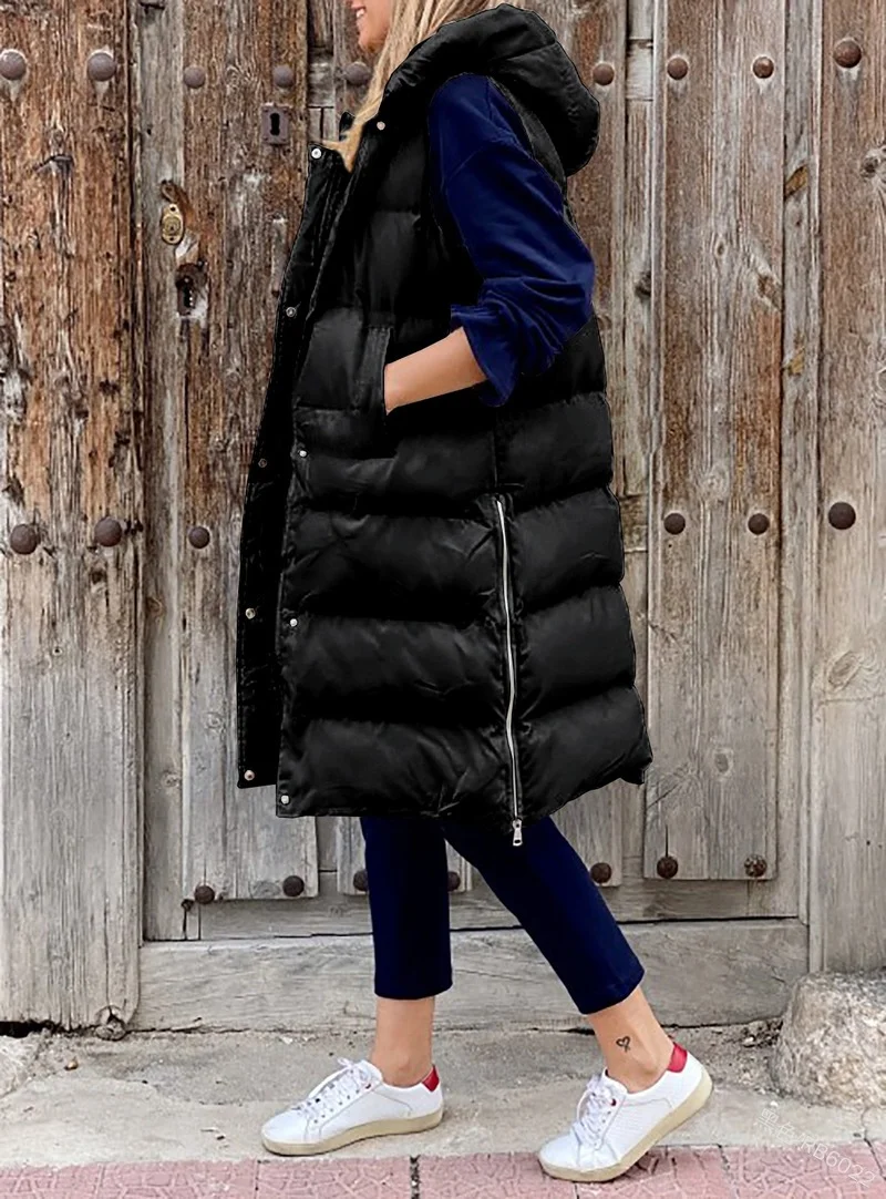 Winter Coats Women Loose Casual Fashion Single-breasted Warm Vest Long Hooded Sleeveless Jackets Solid Cotton Padded Waistcoat