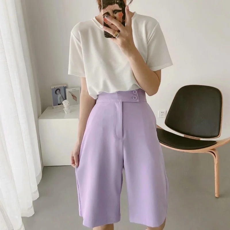 Summer Office Lady Blazer Suit Two Piece Set 2023 Women Single Breasted Casual Commute Blazer High Waist Wide Leg Shorts Suits