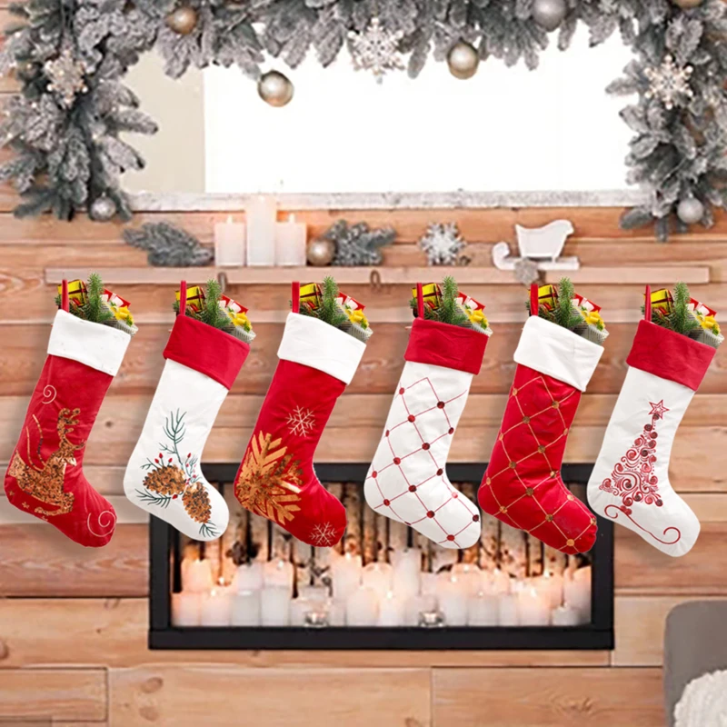 

2023 с новым годом красные рождественские чулки в клетку золотые блестки рождественские подарочные пакеты украшения носки рождественские украшения для дома