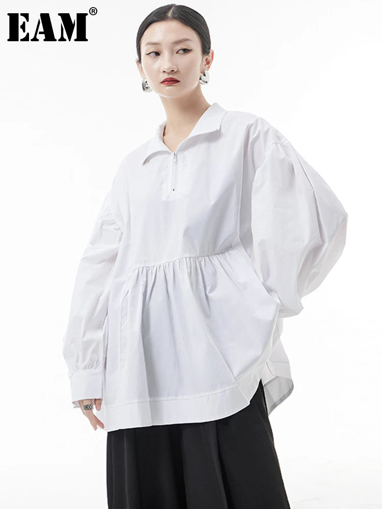 

[EAM] Women Pwhite Big Size Shaped Blouse New Lapel Long Lantern Sleeve Loose Fit Shirt Fashion Tide Spring Autumn 2022 1DE6325