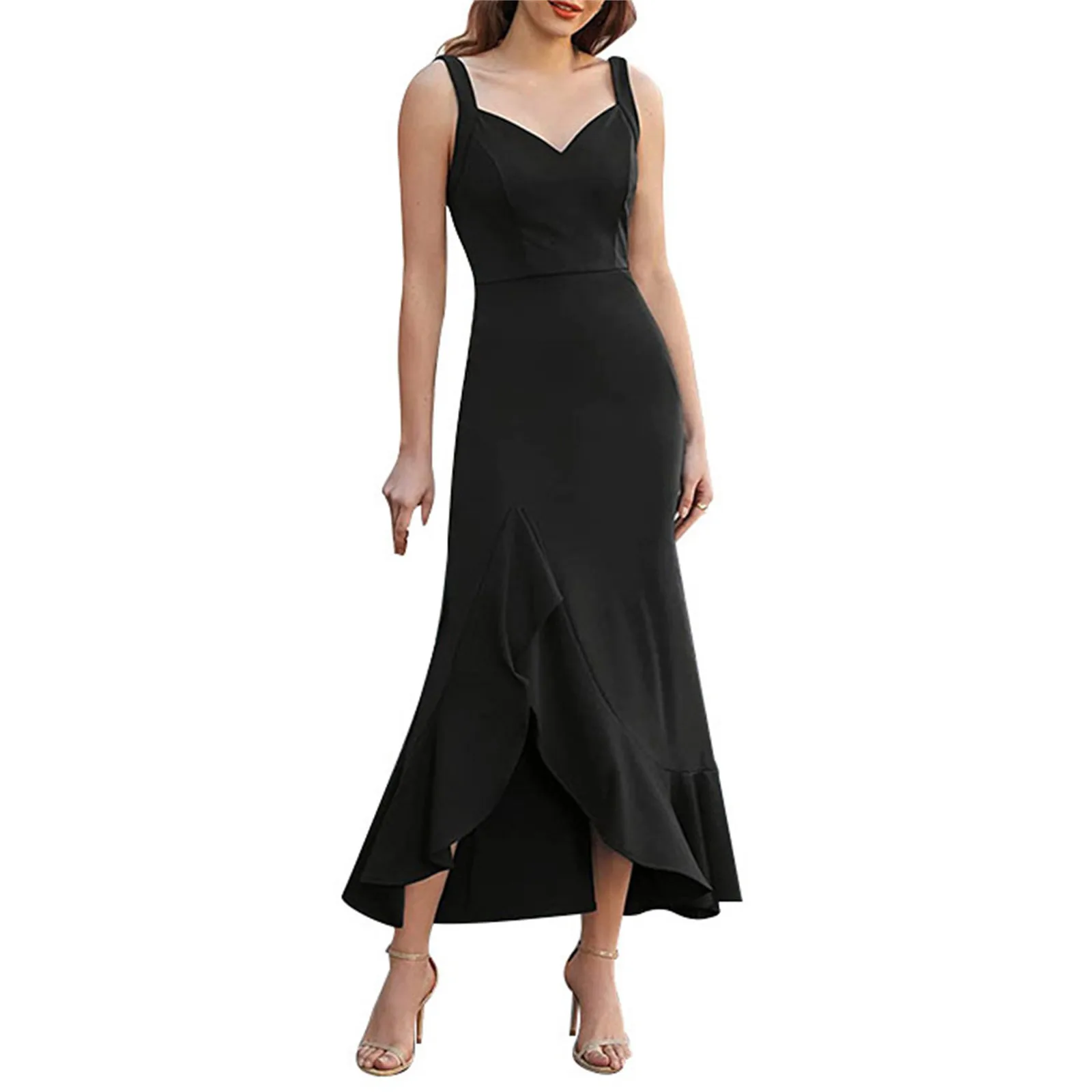 

Sexy Evening Dresses For Women 2023 Elegant Solid Wedding Guest Formal Dresses V Neck High Slit Ruffle Backless Party Wrap Dress