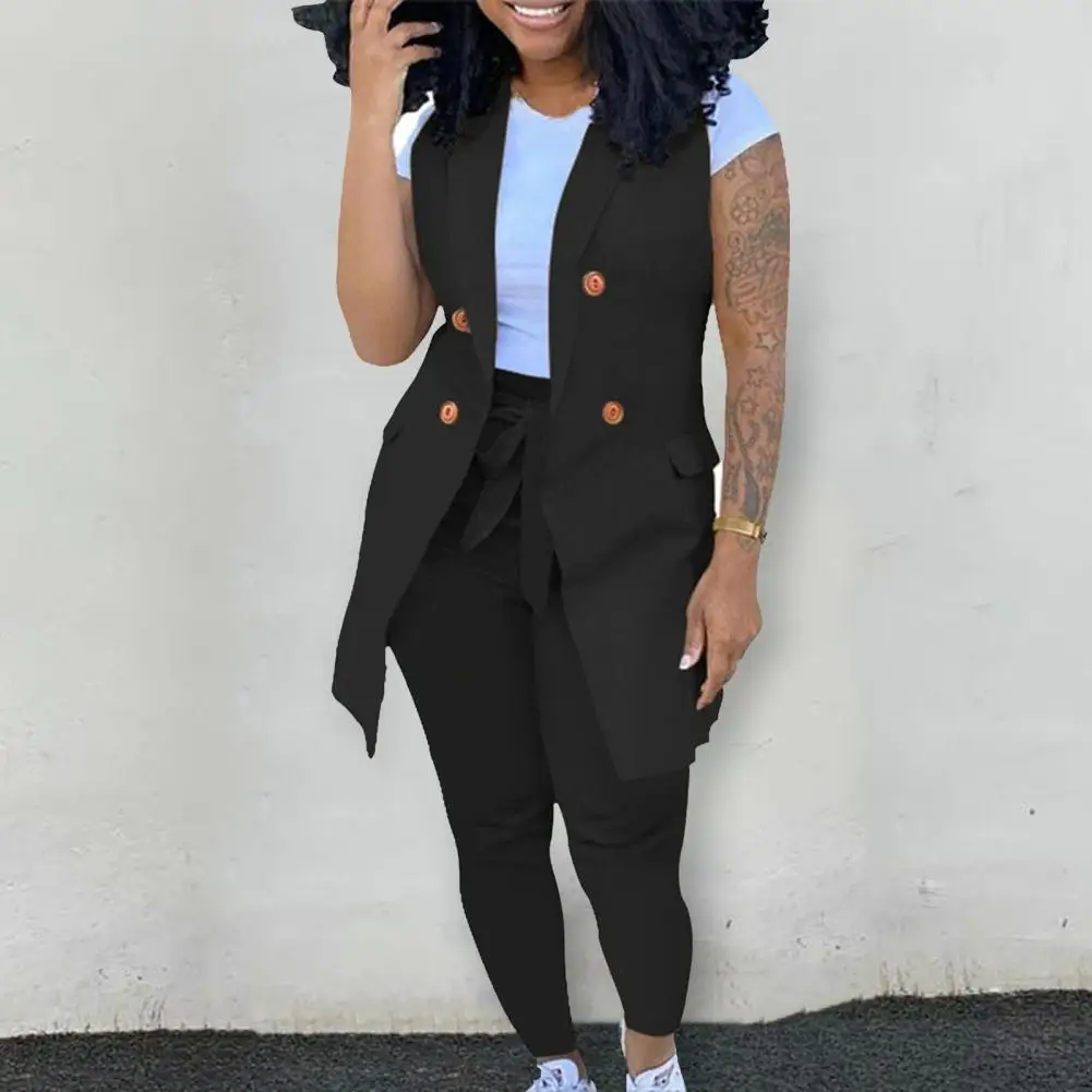 

Комплект из 2 шт./компл., Женский шикарный комплект из жилета и брюк, пальто и брюки с карманами, кардиган, облегающий комплект из пальто и брю...