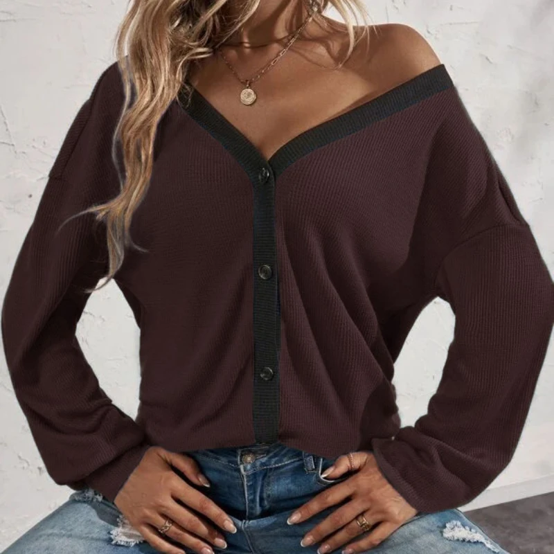 

2022 элегантная одежда с V-образным вырезом, повседневный Свободный кардиган с длинным рукавом и пуговицами, футболки, женские топы, модные ва...