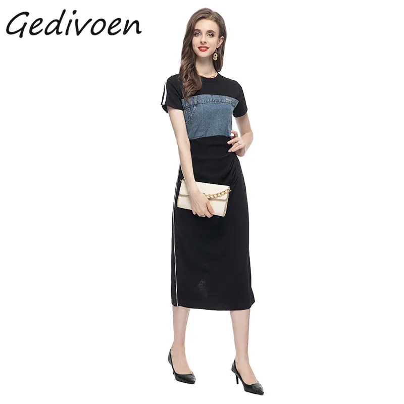 Gedivoen Summer Fashion Designer Vintage Hit Color Splicing Dress Women's O-Neck Elastic Waist Package Buttock Split Long Dress