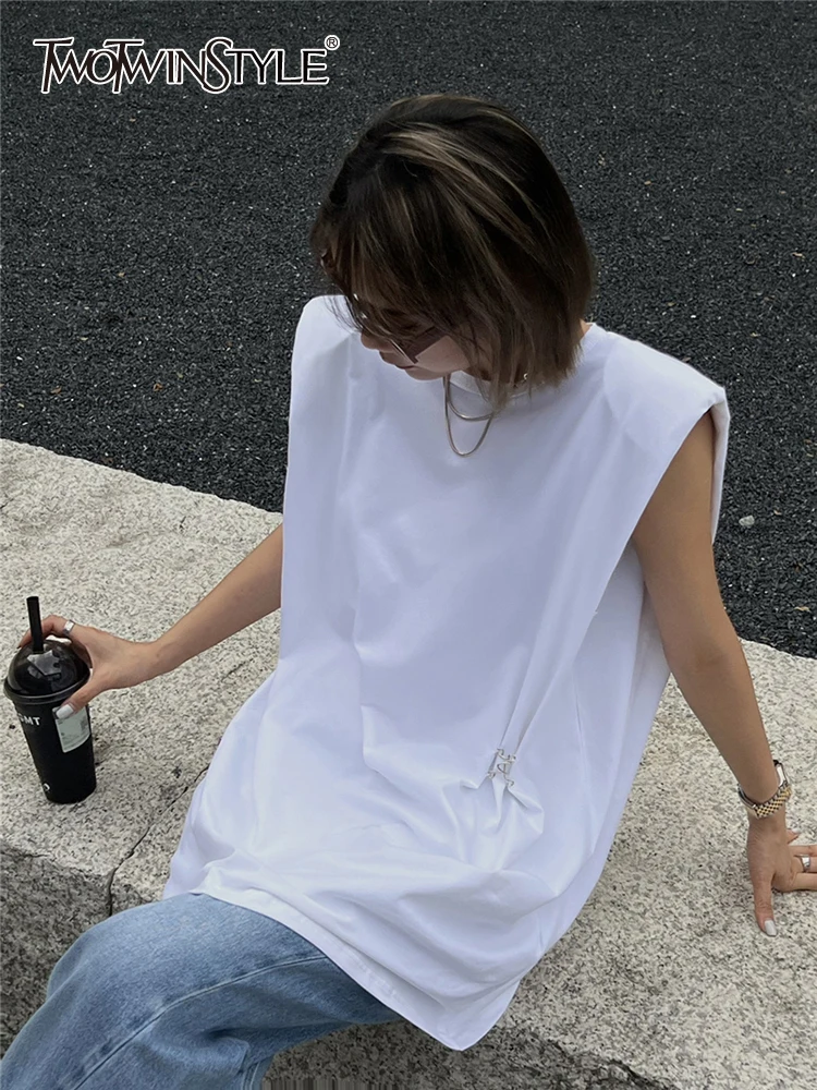 

Twotwin2 Стильная летняя модная Однотонная футболка для женщин с круглым вырезом без рукавов, свободные прямые топы на бретелях, женская одежда...