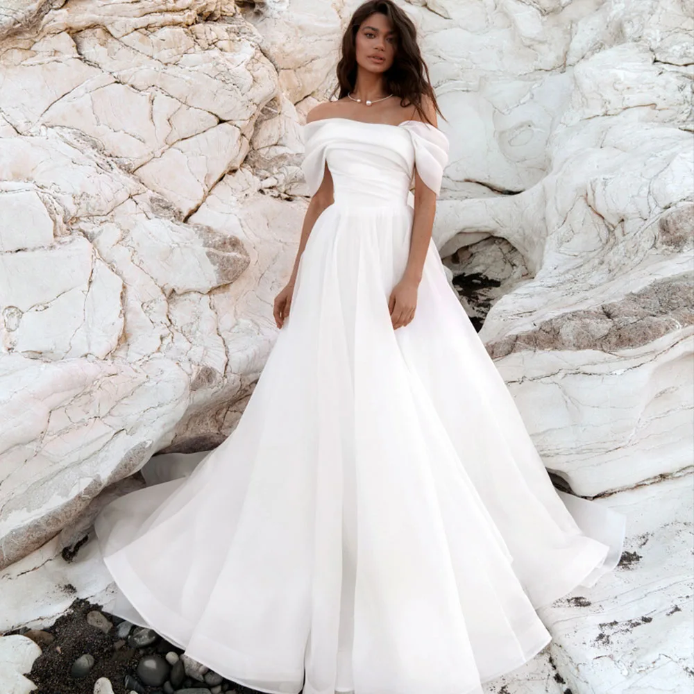 

Classic Bride Gowns Short Sleeves Off The Shoulder Zipper Backless Wedding Dresses Organza A-Line Sweep Train Vestido De Noiva