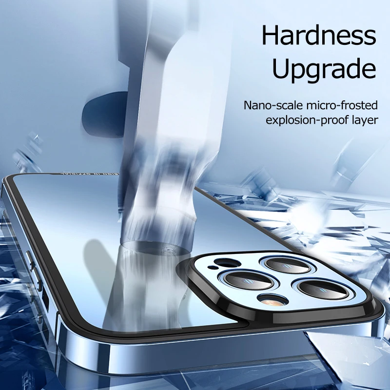 Luxury Metal Phone Cases For iPhone 12 13 Pro Max Stainless Steel Frame Transparent Matte Glass Back Cover Metal Lens Protection