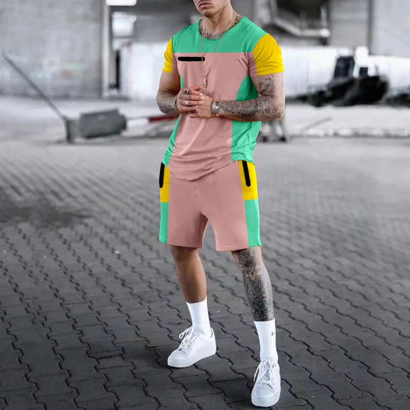 

2022 New Summer Solid Color Men Oversized T-Shirts Sets For Men Sportswear Stitching Color Street Short Sleeve Pants Trackset