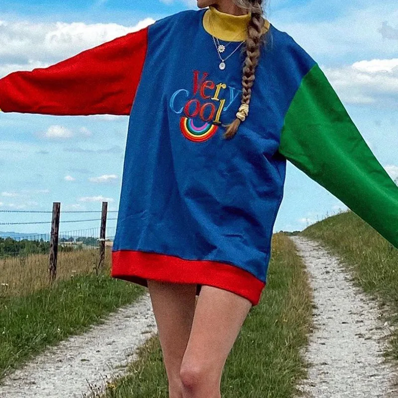 

Rainbow Letter Print Pullovers Women Vintage Y2k Embroidery Sweatshirts Street Indie Fashion Patchwrok Turtleneck Tops 2021 New