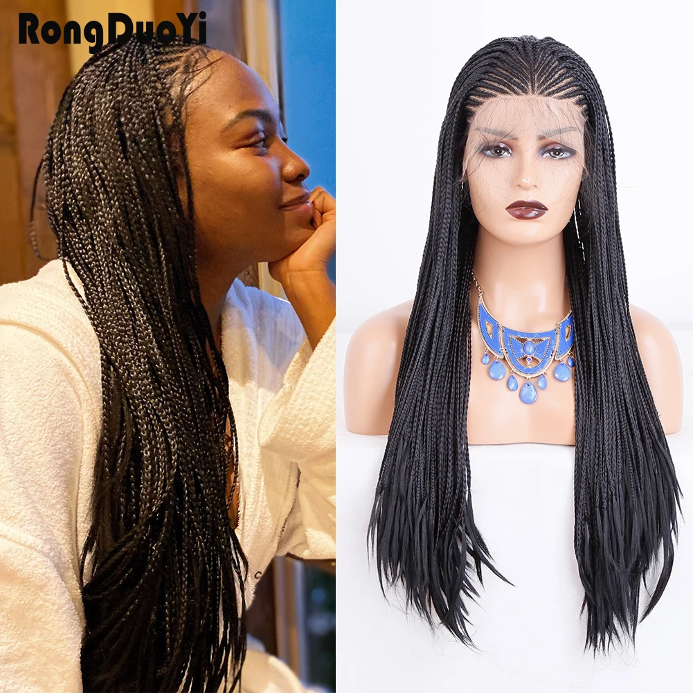 RONGDUOYI Black Braided Box Braids Wig Lace Front Wig Black Synthetic Wigs for Women Glueless Lace Wigs High Temperature Fiber