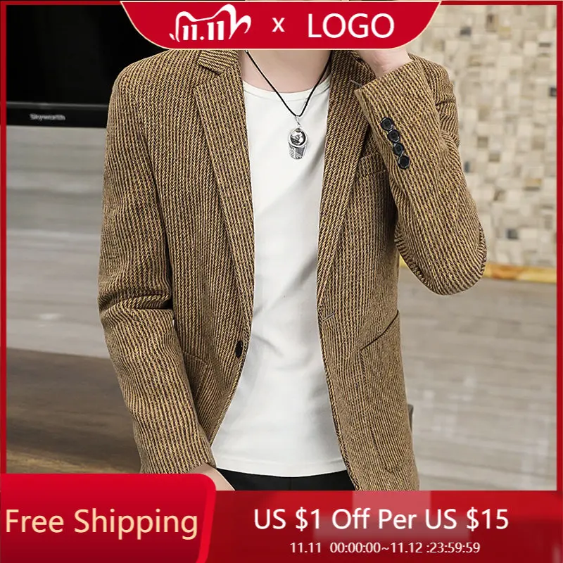 

2023 High-quality Men's Fashion Party Dinner Striped Plaid Suit British Style Suit Young Career Formal Casual Dress Suit Coat